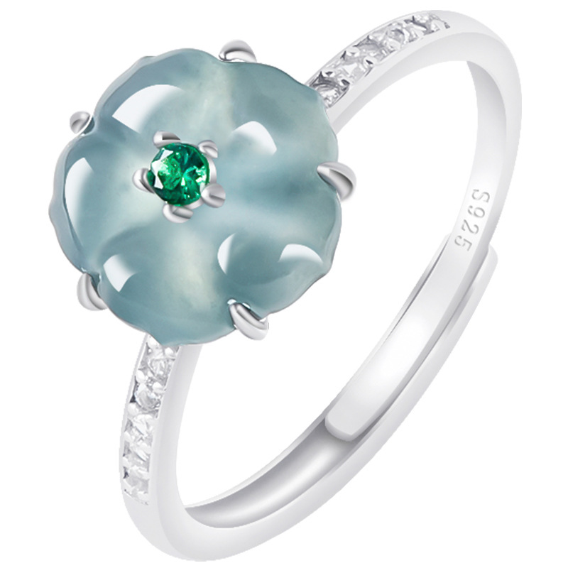 Rings - Blaue Burmesische Jadeit-Blumenringe 925 Silber Natürlicher