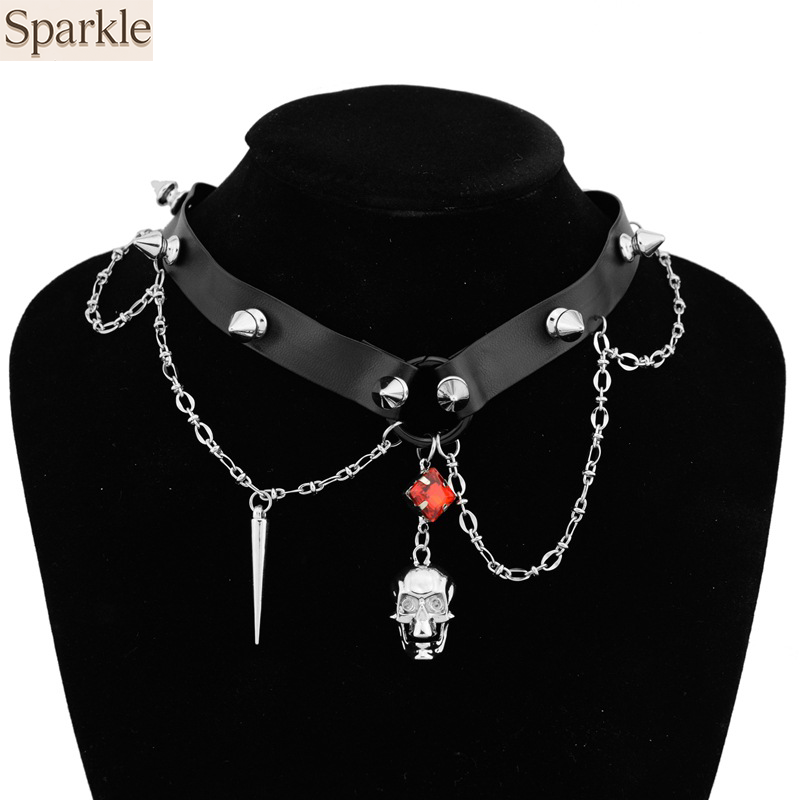 Goth Punk Spike Choker - Halsband aus dunklem Totenkopf-Leder, Y2K-Hochleistungs-Punk-Halskette, Subkultur,