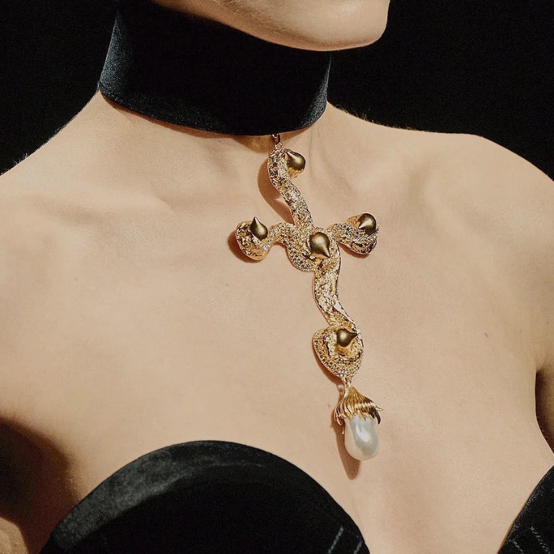 Pearl Choker Necklace Vintage - Vintage übertriebene barocke Perlen-Kreuz-Anhänger-Halskette, Temperament-Halsband-Schlüsselbeinkette
