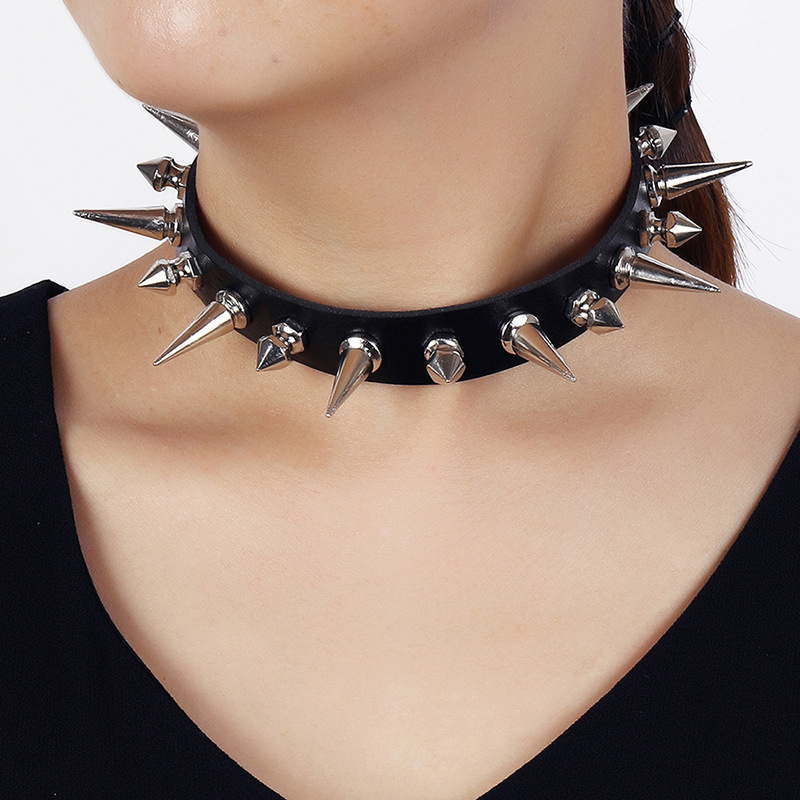 Goth Punk Spike Choker - Punk Long Spike Choker Kunstleder Kragen