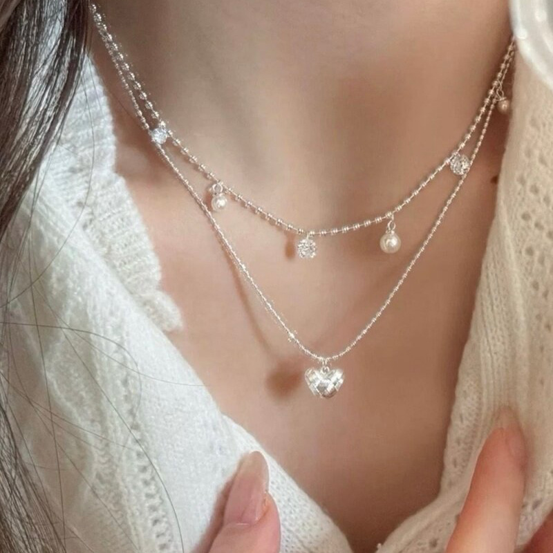Layered Pendant Necklace Aesthetic - Doppellagige Silberperlen-Choker-Halskette mit kleinem gewebtem Herzanhänger,