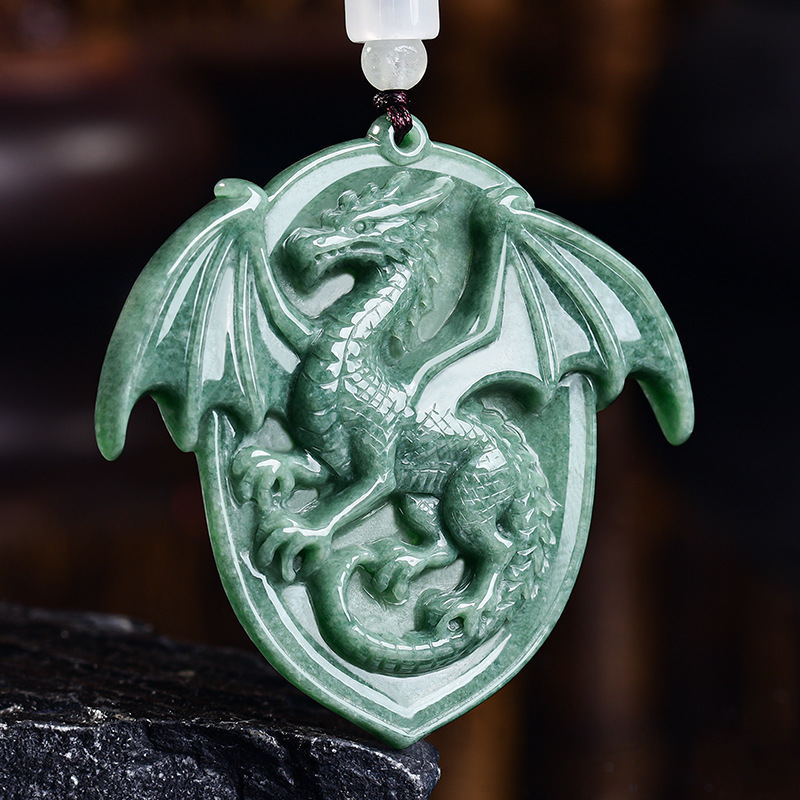Necklaces - Natürliche burmesische Jadeit-Drachen-Anhänger-Halskette, Edelstein-geschnitztes Amulett, Vintage-Luxus,