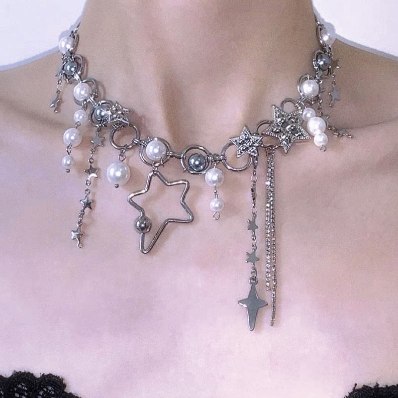Pearl Choker Necklace Vintage - Y2K Schmuck Perle Spleißen Stern Ketten