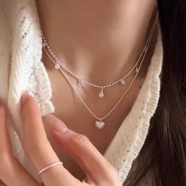 Doppellagige Silberperlen-Chok – Layered Pendant Necklace Aesthetic Bewertung und Preis